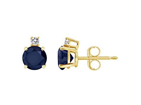 5mm Round Sapphire with Diamond Accents 14k Yellow Gold Stud Earrings