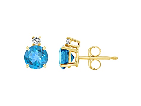 5mm Round Blue Topaz with Diamond Accents 14k Yellow Gold Stud Earrings