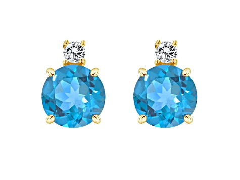 5mm Round Blue Topaz with Diamond Accents 14k Yellow Gold Stud Earrings