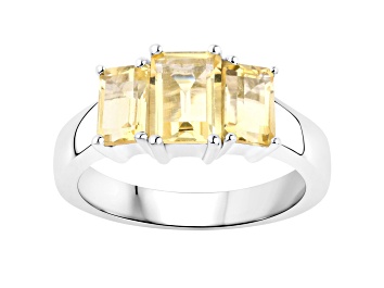 Picture of Rectangular Octagonal Yellow Citrine Rhodium Over Sterling Silver 3-Stone Ring 2ctw