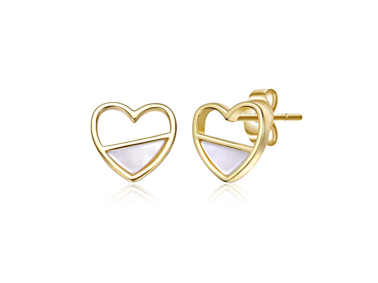 White Mother Of Pearl, 14K Gold Plated over Brass Openwork Heart Stud Earrings for Kids