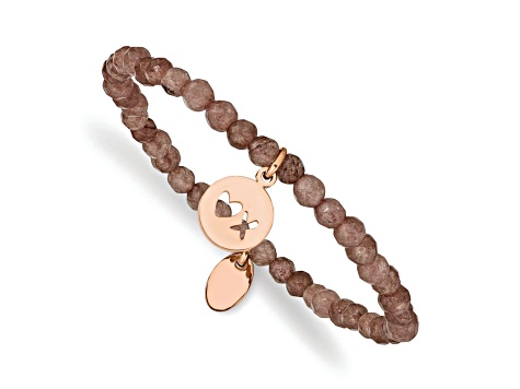 Rose Stainless Steel Polished XO Brown Jade Stretch Bracelet