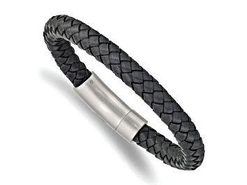 Picture of Gray Leather and Stainless Steel Brushed 8.25-inch Bracelet