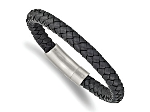 Gray Leather and Stainless Steel Brushed 8.25-inch Bracelet