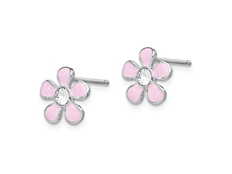 Rhodium Over Sterling Silver Pink Enamel/Crystal Flower Post Earrings