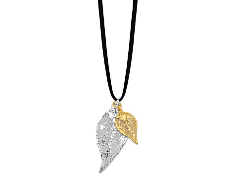 Sterling Silver and 24k Yellow Gold Dipped Double Evergreen Leaf Necklace