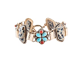 Barse Jewelry 19x10mm Dalmatian Jasper With 6x4mm Turquoise and 3mm Coral Gold Tone Legacy Bracelet
