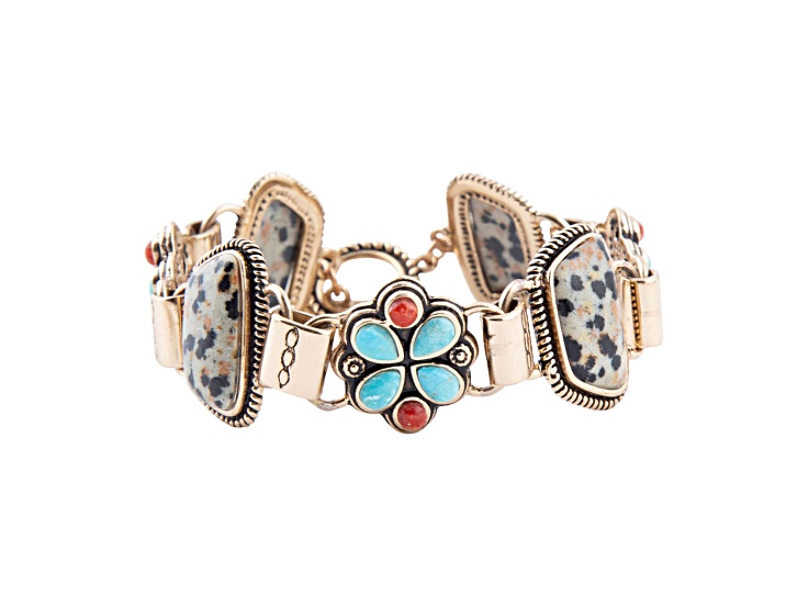 Barse Jewelry 19x10mm Dalmatian Jasper With 6x4mm Turquoise and 3mm Coral Gold Tone Legacy Bracelet