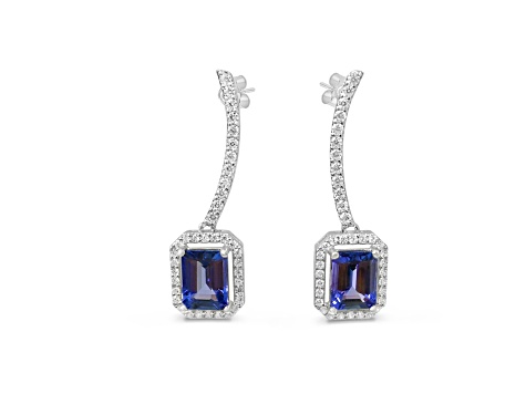 Rhodium Over Sterling Silver 8x6mm Tanzanite and White Cubic Zirconia Earrings 3.30ctw