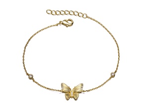 Clear Cubic Zirconia, Teens/Adults 14k Gold Plated over Brass Butterfly Charm Bracelet