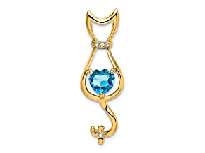 10k Yellow Gold 0.99 ctw Swiss Blue Topaz and Accent Diamond Cat Pendant