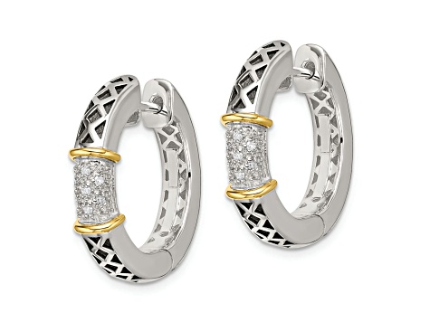 Sterling Silver Antiqued with 14K Accent Diamond Hinged Hoop Earrings