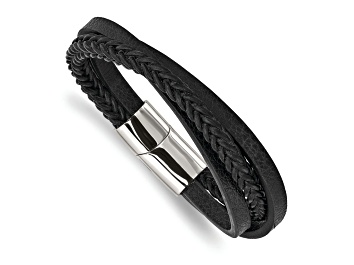 Picture of Black Leather and Stainless Steel Polished Multi-Strand 8.25-inch Bracelet
