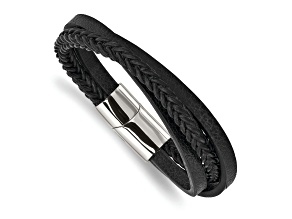 Black Leather and Stainless Steel Polished Multi-Strand 8.25-inch Bracelet