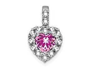 Rhodium Over 14k White Gold Lab Created Pink Sapphire and White Topaz Halo Heart Pendant