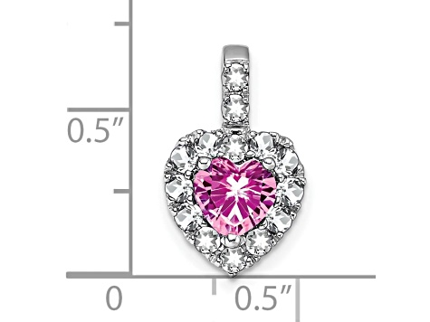 Rhodium Over 14k White Gold Lab Created Pink Sapphire and White Topaz Halo Heart Pendant