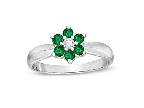 0.38ctw Emerald and Diamond Flower Cluster Ring in 14k White Gold