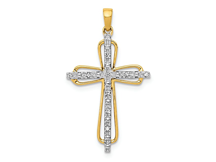 10k Yellow Gold and Rhodium Over 10k Yellow Gold Diamond Cross Pendant
