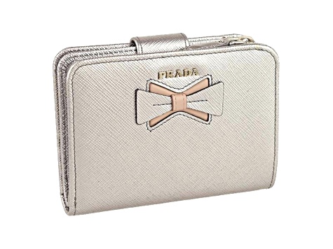 Prada Saffiano Gold Tone Leather Bow Wallet with Coin Pouch