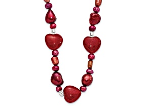 Sterling Silver Red Jadeite and Freshwater Pearl Heart Necklace