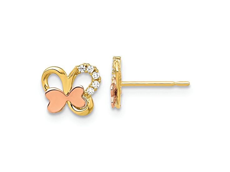 14k Yellow Gold and 14k Rose Gold Polished Cubic Zirconia Butterfly Stud Earrings