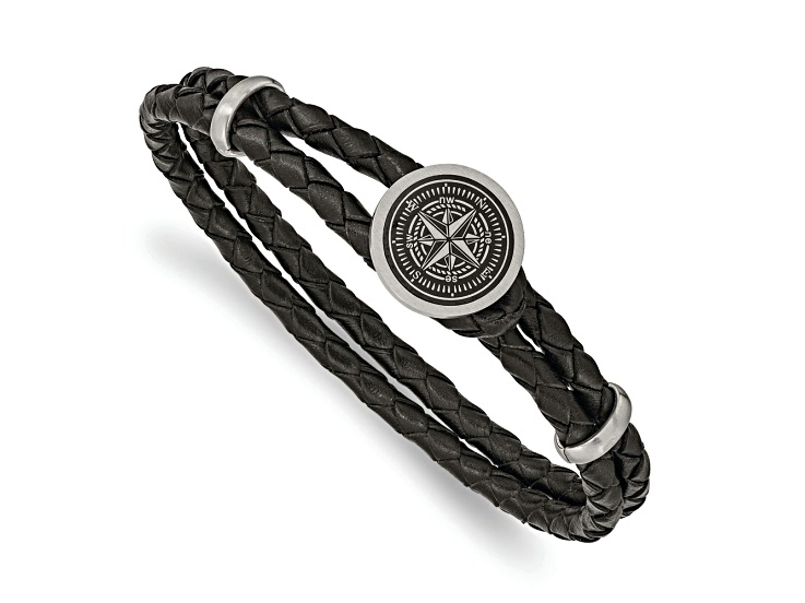 Black Leather and Stainless Steel Brushed Compass 8.5-inch Bracelet