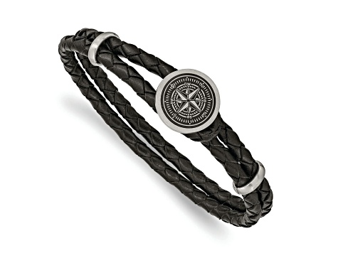 Black Leather and Stainless Steel Brushed Compass 8.5-inch Bracelet
