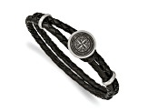 Black Leather and Stainless Steel Brushed Compass 8.5-inch Bracelet