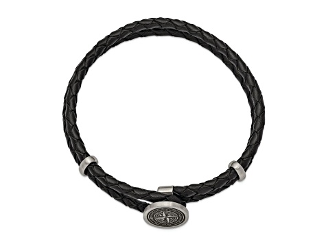Black Leather and Stainless Steel Brushed Compass 8.5-inch Bracelet