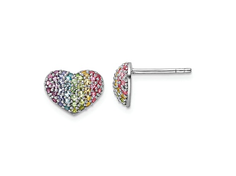 Rhodium Over Sterling Silver Rainbow Crystal Heart Post Earrings ...