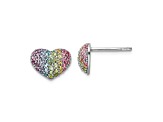 Rhodium Over Sterling Silver Rainbow Crystal Heart Post Earrings