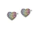 Rhodium Over Sterling Silver Rainbow Crystal Heart Post Earrings