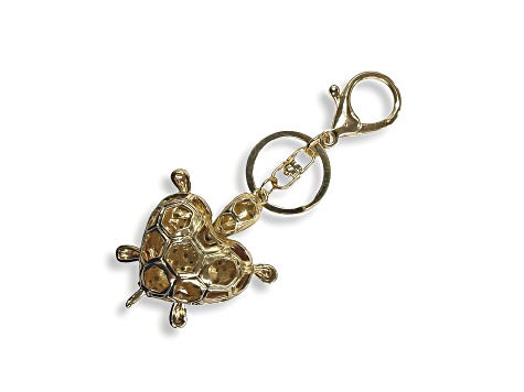Gold Tone Fuchsia Rose Crystal Turtle Key Chain