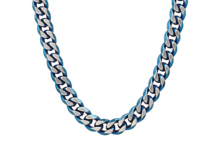 Men's Two-tone Stainless Steel and Blue Ion-Plated Cuban Link Chain Necklace