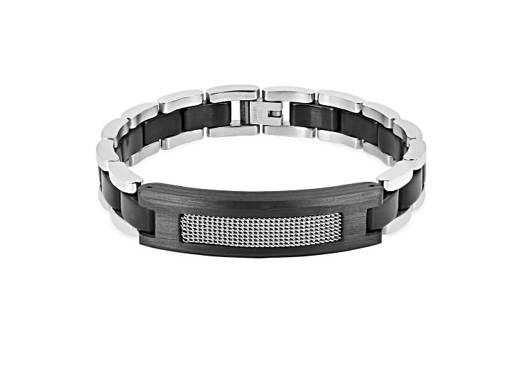 Mens Stainless Steel, Black Leather and Carbon Fiber Link Bracelet