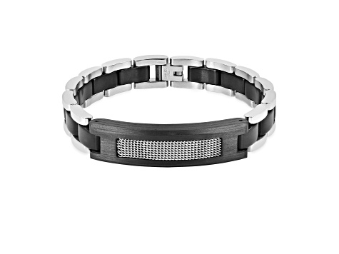 Mens Stainless Steel, Black Leather and Carbon Fiber Link Bracelet