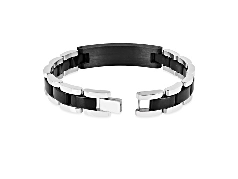 Mens Stainless Steel, Black Leather and Carbon Fiber Link Bracelet