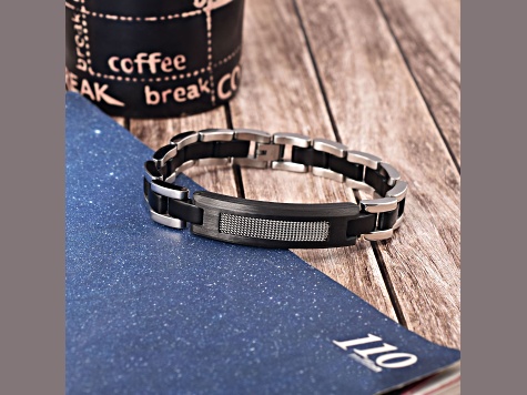 Mens Stainless Steel, Black Leather and Carbon Fiber Link Bracelet