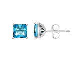 6mm Square Cut Blue Topaz Rhodium Over Sterling Silver Stud Earrings