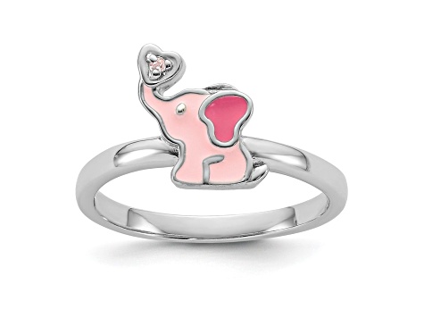 Rhodium Over Sterling Silver Pink Enamel and Cubic Zirconia Elephant Children's Ring