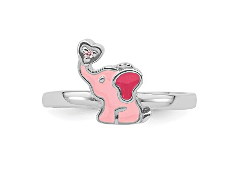 Rhodium Over Sterling Silver Pink Enamel and Cubic Zirconia Elephant Children's Ring