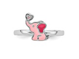 Rhodium Over Sterling Silver Pink Enamel and Cubic Zirconia Elephant Children's Ring