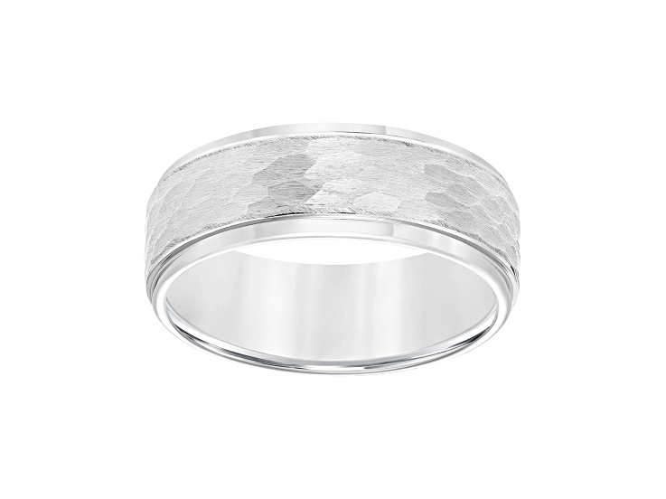 8mm Step-Edge Comfort Fit Band in White Tungsten Carbide with Hammered Finish