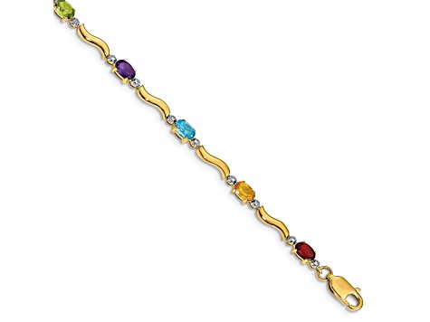 10k Yellow Gold and Rhodium Over 10k Yellow Gold Diamond and Multi-Gemstone Bracelet