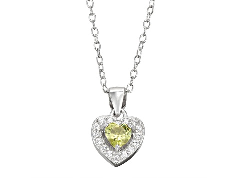 Green And White Cubic Zirconia Rhodium Over Silver Children's Heart Pendant With Chain 0.49ctw