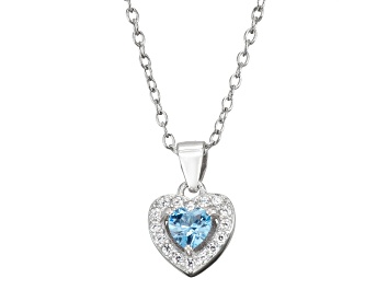 Picture of Blue Spinel And White Cubic Zirconia Rhodium Over Silver Children's Heart Pendant With Chain 0.49ctw