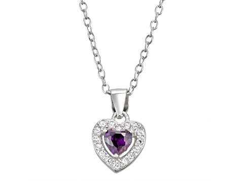 Purple And White Cubic Zirconia Rhodium Over Silver Children's Heart Pendant With Chain 0.49ctw