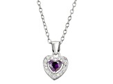 Purple And White Cubic Zirconia Rhodium Over Silver Children's Heart Pendant With Chain 0.49ctw