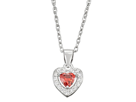 Red And White Cubic Zirconia Rhodium Over Silver Children's Heart Pendant With Chain 0.49ctw