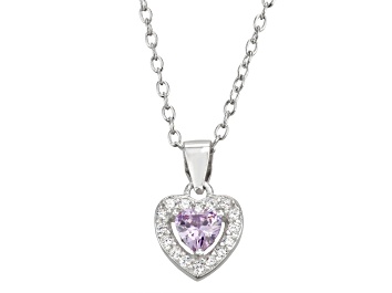 Picture of Lavender And White Cubic Zirconia Rhodium Over Silver Children's Heart Pendant With Chain 0.49ctw